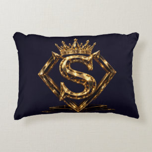 Luxury Golden Letter S Crown Diamond Monogram Accent Pillow