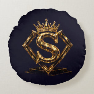 Luxury Golden Letter S Crown Diamond Monogram Round Pillow