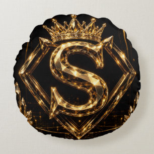 Luxury Golden Letter S Crown Diamond Monogram Round Pillow