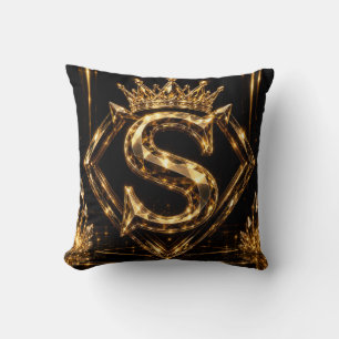 Luxury Golden Letter S Crown Diamond Monogram Throw Pillow