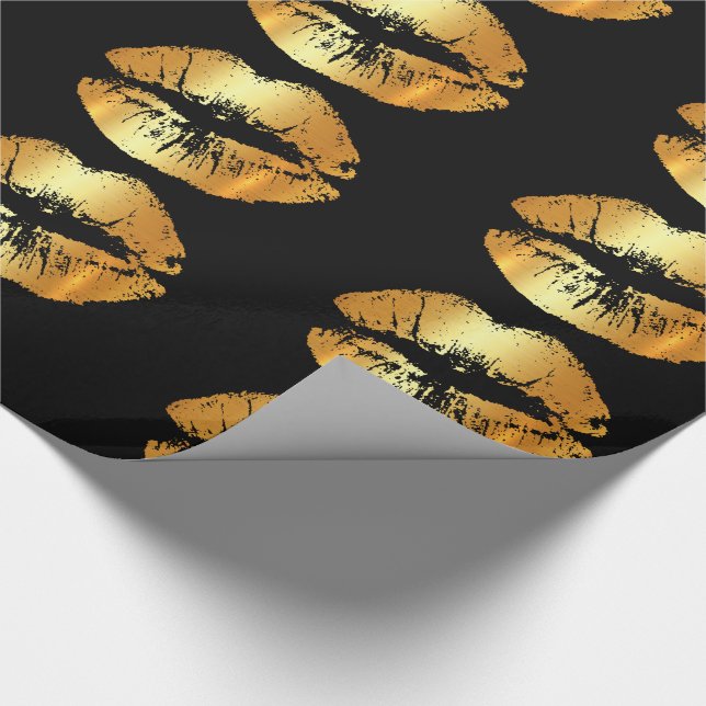Luxury golden lips kisses on black wrapping paper (Corner)