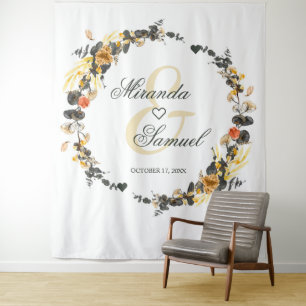 Luxury Golden Noir Wedding Monogram Tapestry
