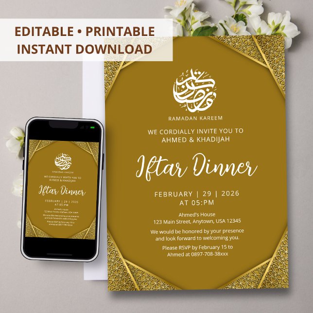 Luxury Golden Octagon Ramadan Iftar Dinner Invitation (Creator Uploaded)