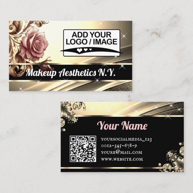 Luxury Golden Pink Rose Glitter Stars QR Code Logo Business Card (Front/Back)