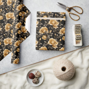 Luxury Golden Roses Black and Gold Floral Pattern Wrapping Paper