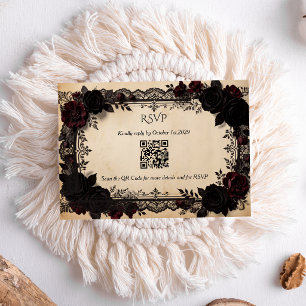 Luxury Gothic Black Lace Victorian Wedding QR Code RSVP Card