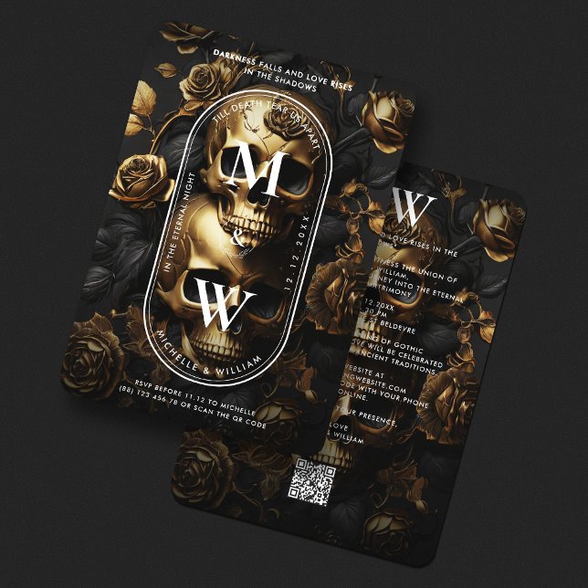Luxury Gothic Wedding Black Gold Skull Roses  Invitation (Luxury Gothic Wedding Black Gold Skull Roses Invitation
)