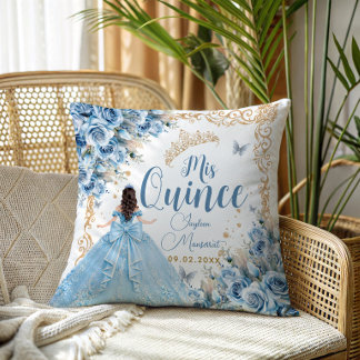 Luxury Gown Baby Blue Gold Mis Quince Princess Throw Pillow