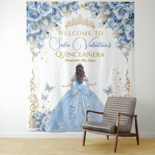 Luxury Gown Baby Blue Gold Quinceanera Welcome Tapestry