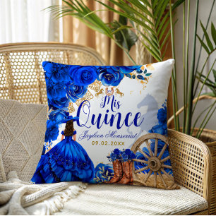 Luxury Gown Royal Blue Western Mis Quinceañera Throw Pillow