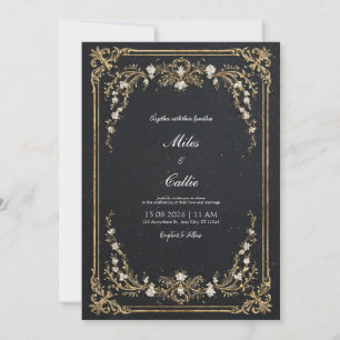 Luxury Grand Gold Floral Frame Black Tie Wedding Invitation
