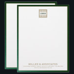 Luxury Green and Gold Letterhead with Custom Logo<br><div class="desc">Elevate your business correspondence with this personalized letterhead featuring a customizable logo image at the top. The design features your company name, address, and contact information in classic gold typography on a white background, all framed in a sleek green leather trim. This letterhead is perfect for businesses that want to...</div>