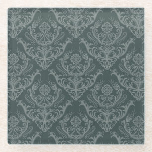 Luxury green floral damask wallpaper glass coaster