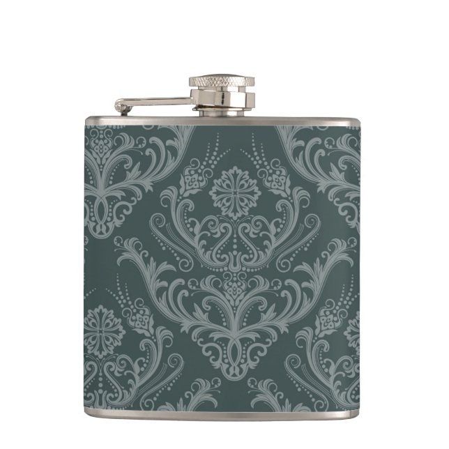 Luxury green floral damask wallpaper hip flask (Front)