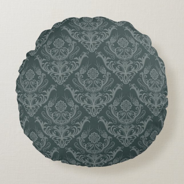 Luxury green floral damask wallpaper round pillow (Front)
