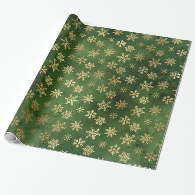 LUXURY GREEN GOLD CHRISTMAS SNOWFLAKE WRAPPING  PAPER (Unrolled)