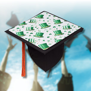 Luxury Green Gold Hats and Shamrocks White Graduation Cap Topper
