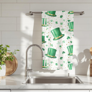 Luxury Green Gold Hats and Shamrocks White Kitchen Towel