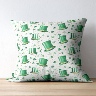 Luxury Green Gold Hats and Shamrocks White Throw Pillow