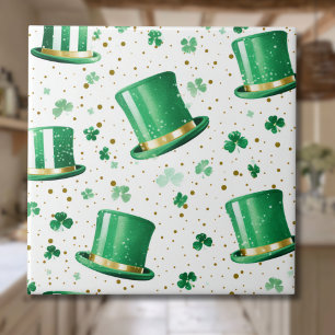 Luxury Green Gold Hats and Shamrocks White Tile