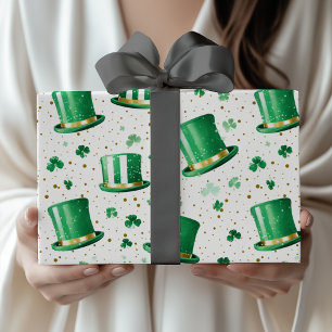 Luxury Green Gold Hats and Shamrocks White Wrapping Paper