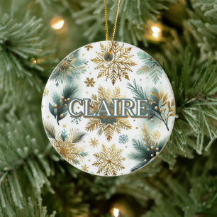 Luxury Green Gold Snowflake Holiday Elegant  Ceramic Ornament