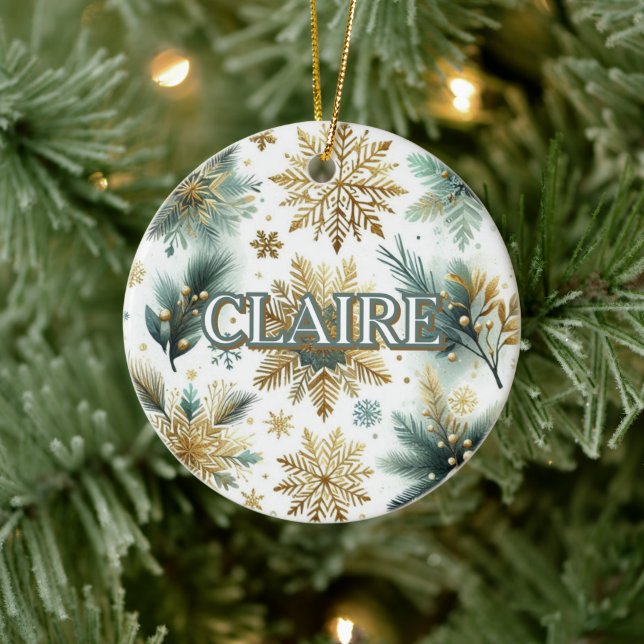 Luxury Green Gold Snowflake Holiday Elegant  Ceramic Ornament (Tree)