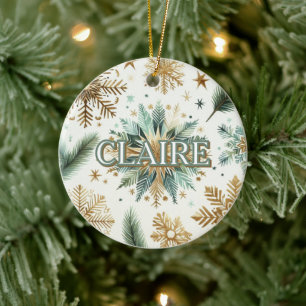 Luxury Green Gold Snowflake Holiday Elegant  Ceramic Ornament