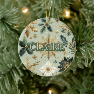 Luxury Green Gold Snowflake Holiday Elegant  Ceramic Ornament