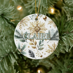 Luxury Green Gold Snowflake Holiday Elegant  Ceramic Ornament