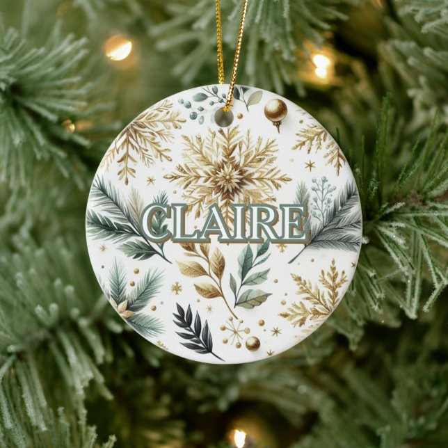 Luxury Green Gold Snowflake Holiday Elegant  Ceramic Ornament (Tree)