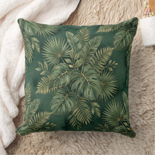 Luxury Green Gold Tropical Leaves Pattern Throw Pillow