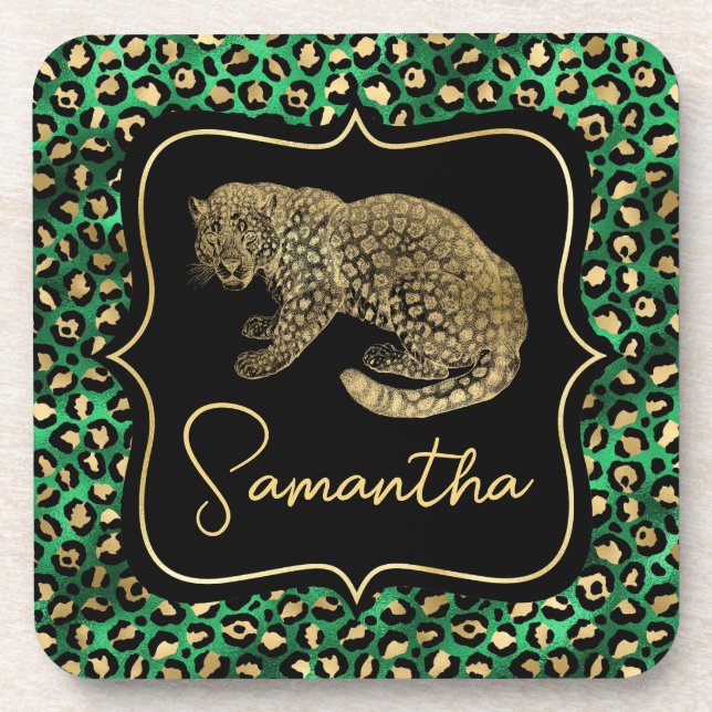 Luxury Green Leopard Print Gold Animal Monogram Coaster (Front)