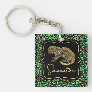 Luxury Green Leopard Print Gold Animal Monogram Keychain