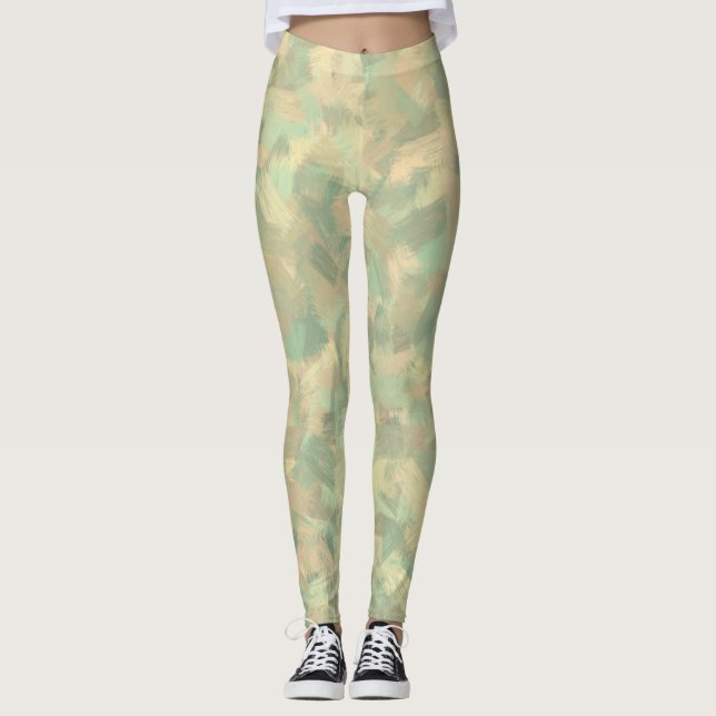 Luxury Green Yellow Grey Watercolor Abstract Art Leggings (Front)