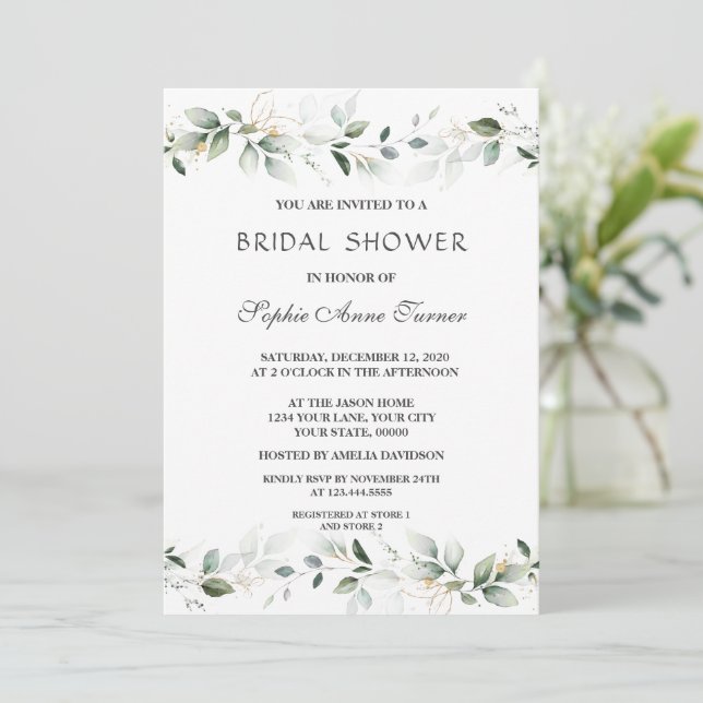 Luxury Greenery Gold Leaves Bridal Shower Invitation (Standing Front)