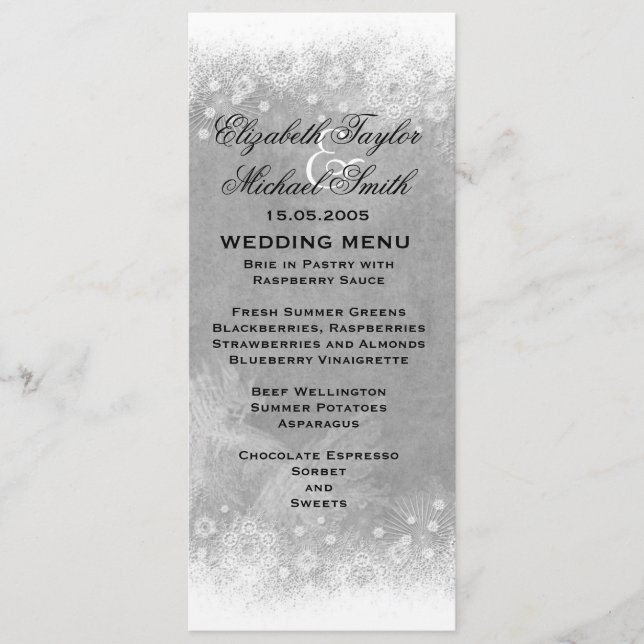 Luxury Grey Frosty Snowflake Winter Menu (Front)