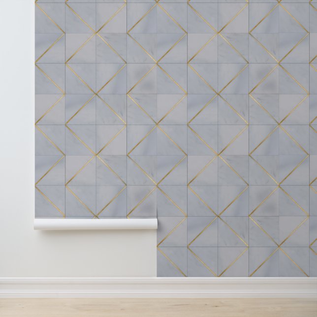  Luxury Grey Marble Geometric Gold Tile Pattern Wallpaper (Application)