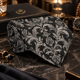 Luxury Grey-on-Black Damask Seamless Pattern Tie