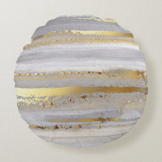 Luxury grey watercolor and gold texture round pillow (Front)