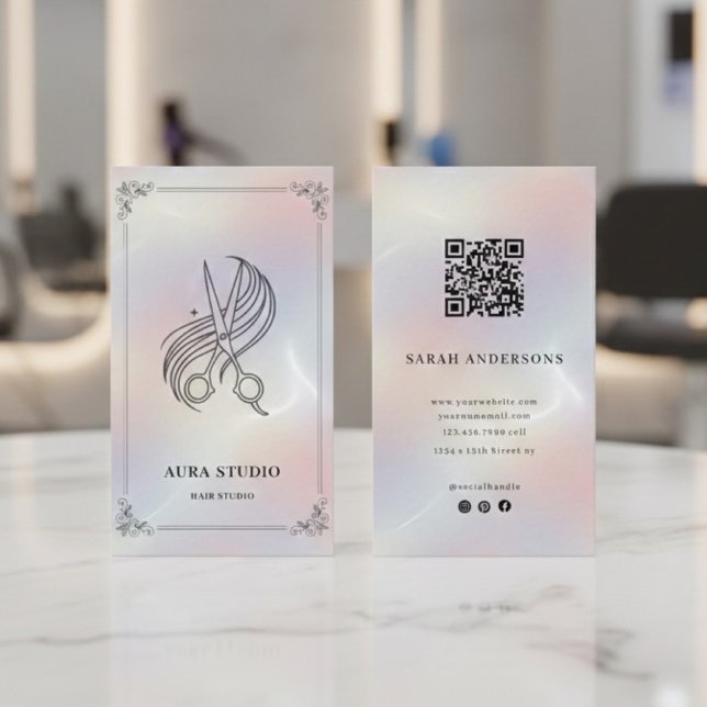 Luxury Hair Stylist with QR Code Holographic Business Card (Creator Uploaded)