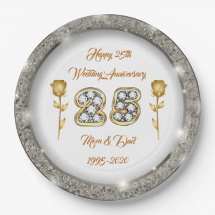 Luxury Happy Customize  Silver 25th Anniversary Paper Plate