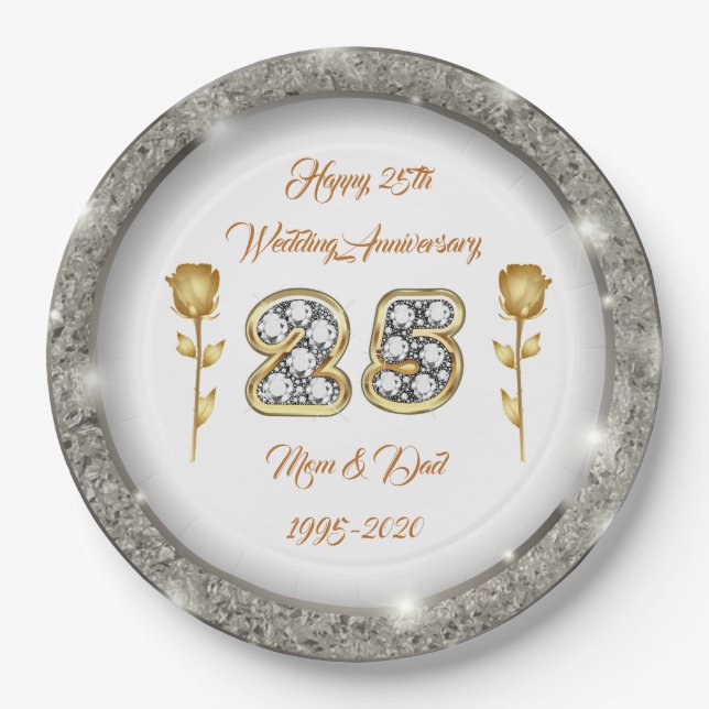 Luxury Happy Customize  Silver 25th Anniversary Paper Plate (Front)