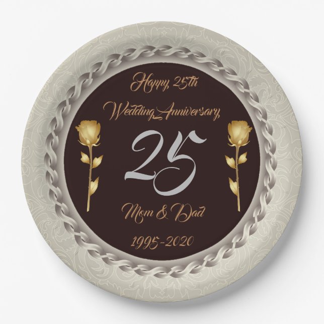 Luxury Happy Customize Silver 25th Anniversary Paper Plate (Front)