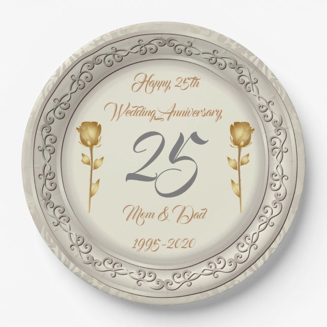 Luxury Happy Customize Silver 25th Anniversary Paper Plate (Front)