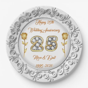 Luxury Happy Customize Silver 25th Anniversary Paper Plate
