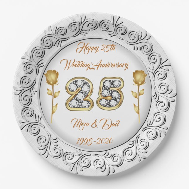Luxury Happy Customize Silver 25th Anniversary Paper Plate (Front)