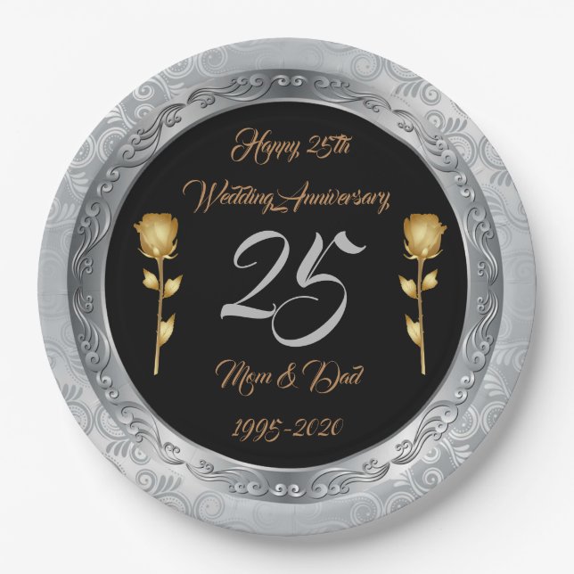 Luxury Happy Customize Silver 25th Anniversary Paper Plate (Front)
