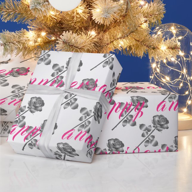 Luxury Happy Floral Silver 25th Anniversary Wrapping Paper (Holidays)