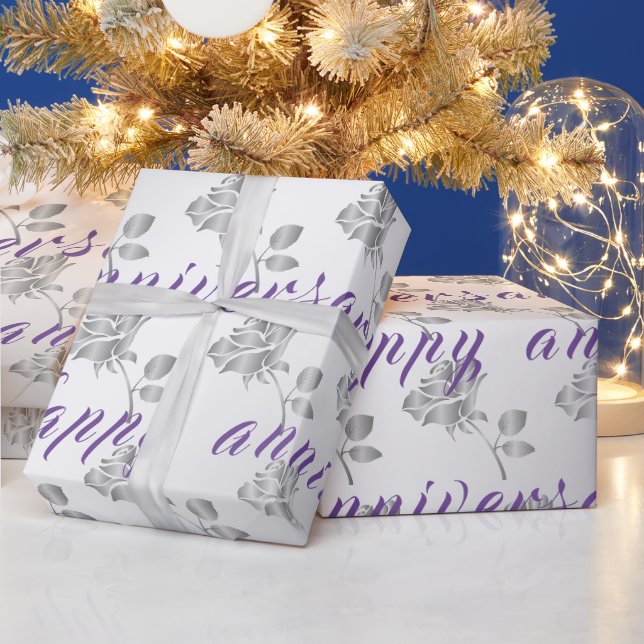 Luxury Happy Silver 25th Anniversary Floral Wrapping Paper (Holidays)